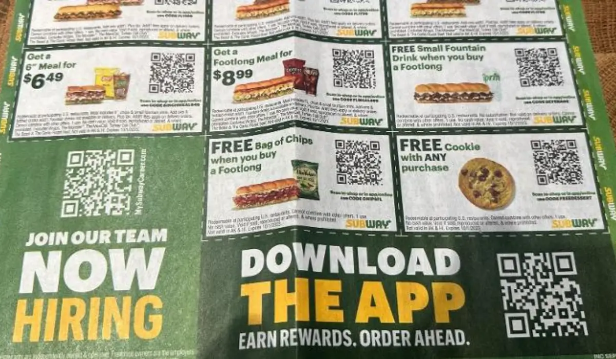 A printed Subway promotional flyer featuring multiple coupons offering discounts on sandwiches, free chips, cookies, and drinks with QR codes; includes hiring and app download callouts for rewards and job applications. Designed to attract customers with value-driven offers and digital engagement tools.