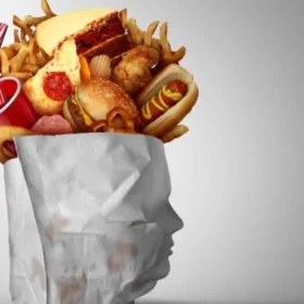 Illustration of a human head-shaped paper bag filled with ultra-processed foods like burgers, fries, soda, and cake, symbolizing diet-related health risks.