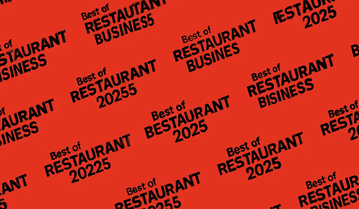 Diagonal repeating text pattern with “Best of Restaurant Business 2025” in black against a red background. Used to visually reinforce brand identity across digital editorial content.