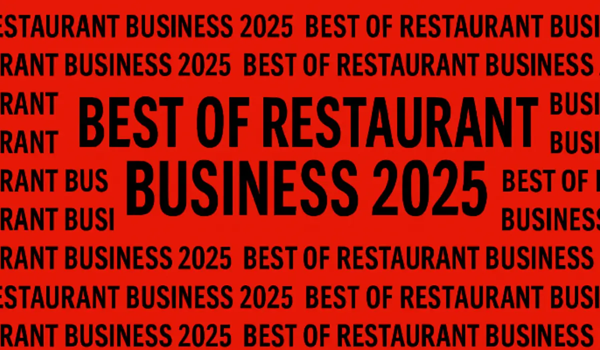 Graphic design image displaying “Best of Restaurant Business 2025” repeatedly in bold black text over a red background. Used as a promotional visual for the Restaurant Business 2025 feature.
