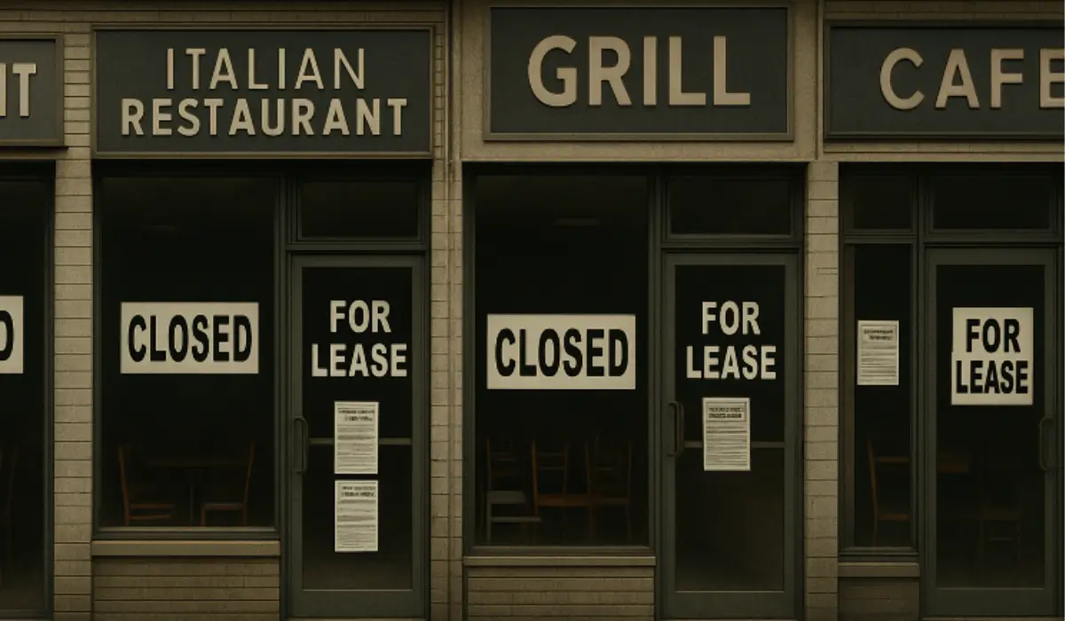 Vacant restaurant storefronts with "Closed" and "For Lease" signs in the windows, symbolizing the wave of bankruptcies and closures affecting the restaurant industry in 2025.