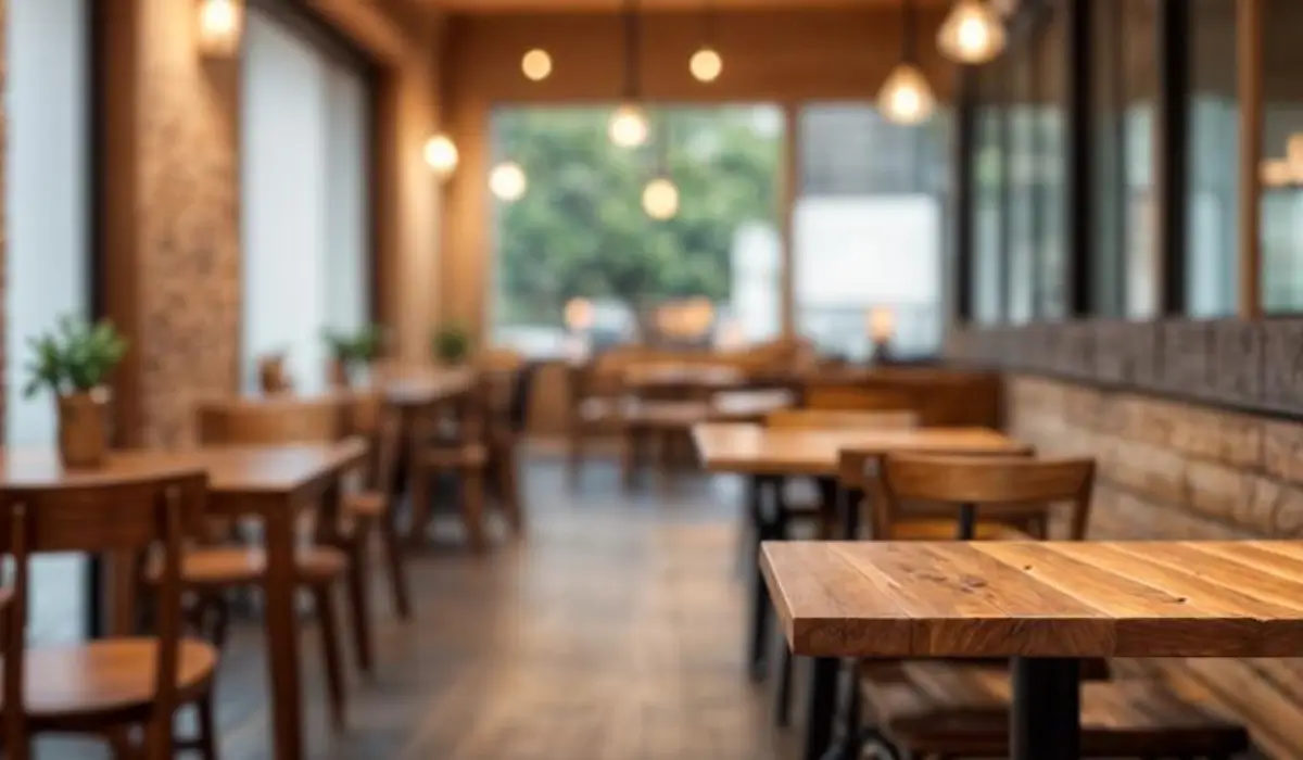 Interior of a quiet restaurant dining room with wooden tables and warm lighting, illustrating the restaurant industry during a period of economic uncertainty and slowing consumer demand.