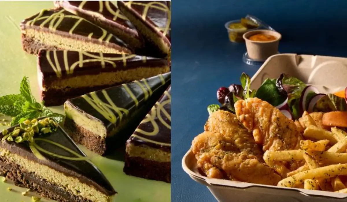 Chocolate pistachio dessert slices and fried chicken meal with fries illustrating US Foods innovative menu products for restaurants.