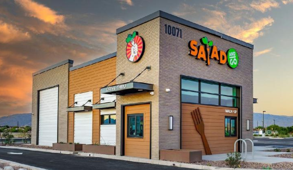 Exterior of a Salad and Go drive-thru restaurant with branded signage and modern building design in Phoenix, Arizona.