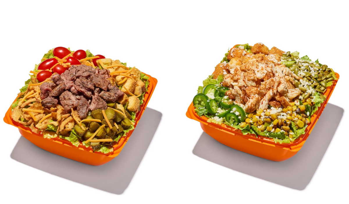 Two Salad and Go Menu 2.Go salads featuring flame-seared steak and grilled chicken with fresh vegetables, roasted corn, jalapeños, pepitas, and premium toppings.